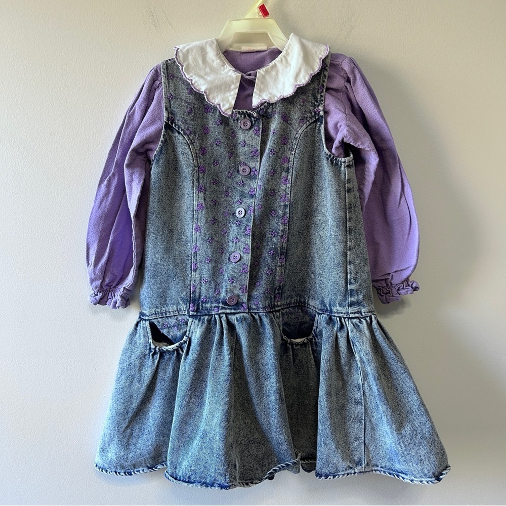 Girls 6X Denim Dress Purple Flannel Shirt White Collar *FLAW